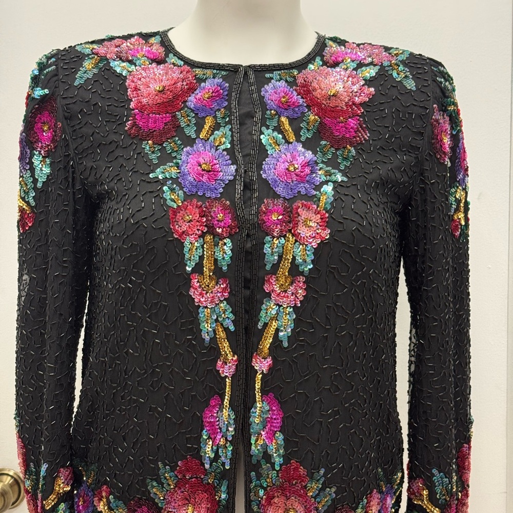 VTG Lawerence Kazar Floral Sequin  Black Jacket